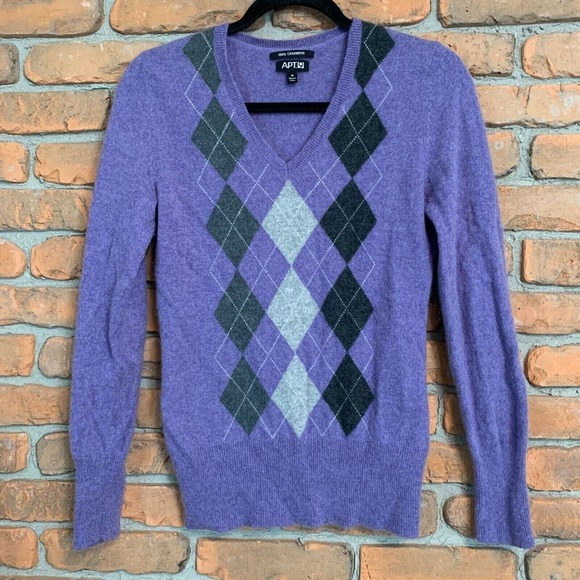 APT. 9 Cashmere Argyle Sweater Womens Size Medium V-Neck Purple Gray‎ Diamond - Picture 1 of 4
